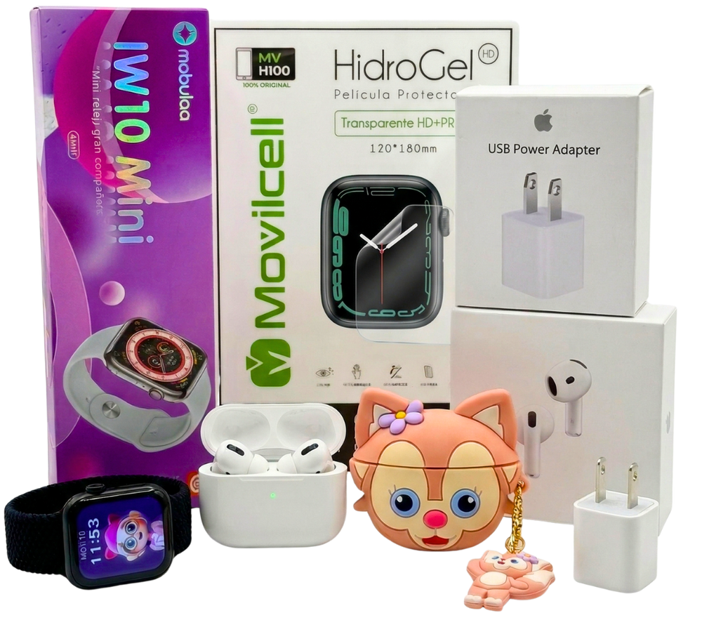 Super Pack Tech: Reloj Inteligente IW10 Mini + Audífonos Tipo AirPods 4 + Estuche + Hidrogel + Cargador